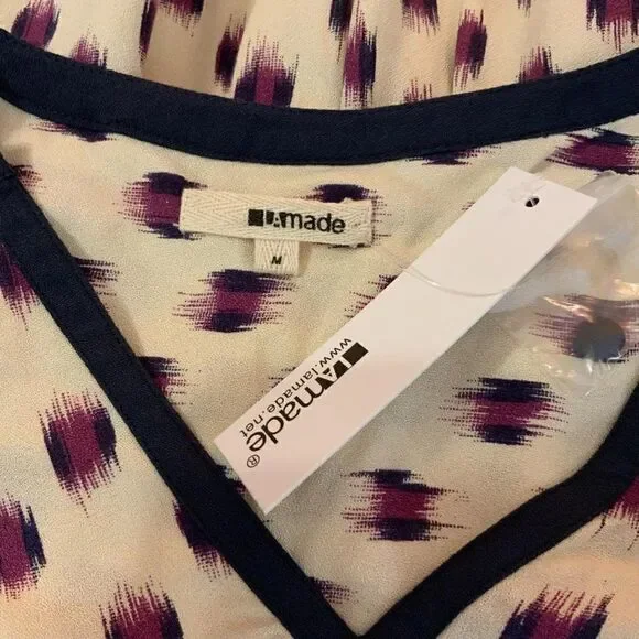 LA Made Resolve Brand Purple Cream Ikat Print V Neck Dress Medium New - Picture 10 of 10